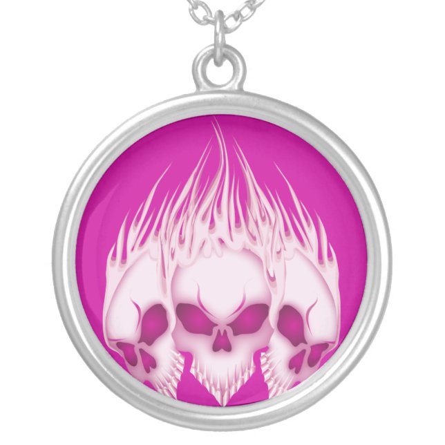 Flaming Pink Skulls Silver Plated Necklace (Front)