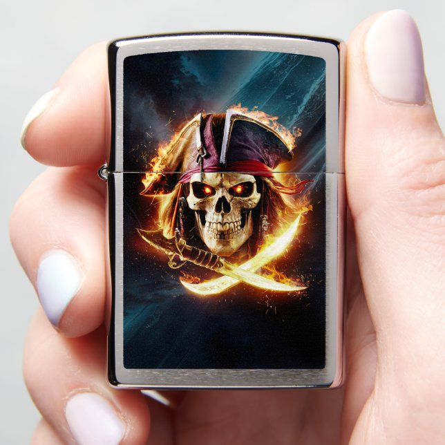 Flaming Pirate Skull with Blades Zippo Lighter (In Hand)