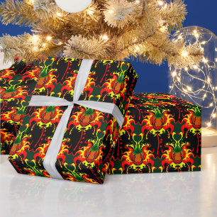 Flaming Pumpkin Head Box Interlocking Pattern Wrapping Paper