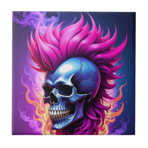 Flaming Punk Skull Ceramic Tile