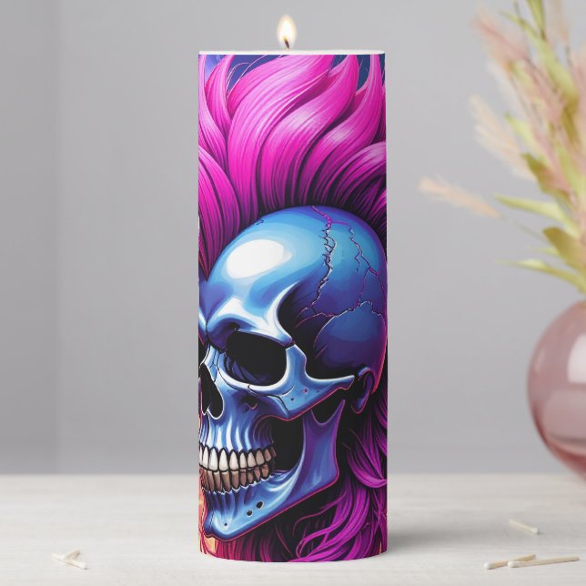 Flaming Punk Skull Pillar Candle (In Situ)