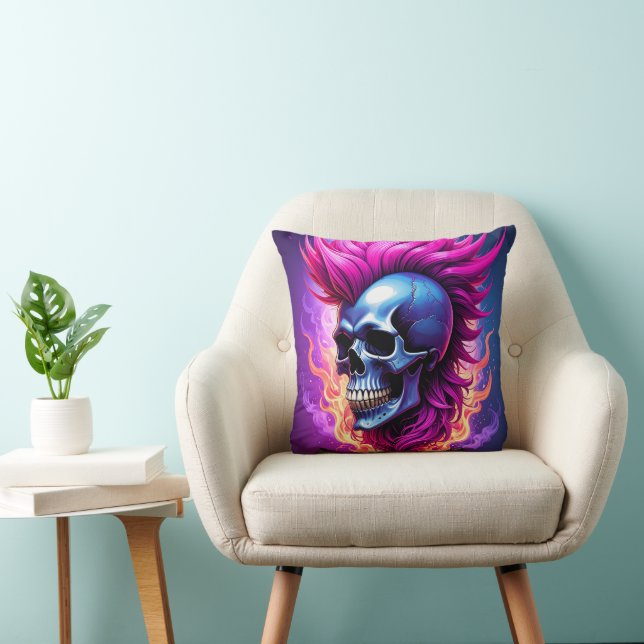 Flaming Punk Skull Throw Pillow (Chair)