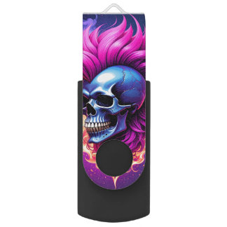 Flaming Punk Skull USB Swivel Flash Drive