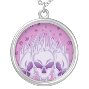 Flaming Purple Skulls Silver Plated Necklace