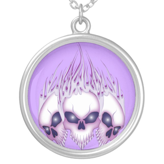 Flaming Purple Skulls Silver Plated Necklace (Front)