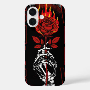 Flaming Red Rose and Skull Hand Urban Grunge iPhone 16 Case