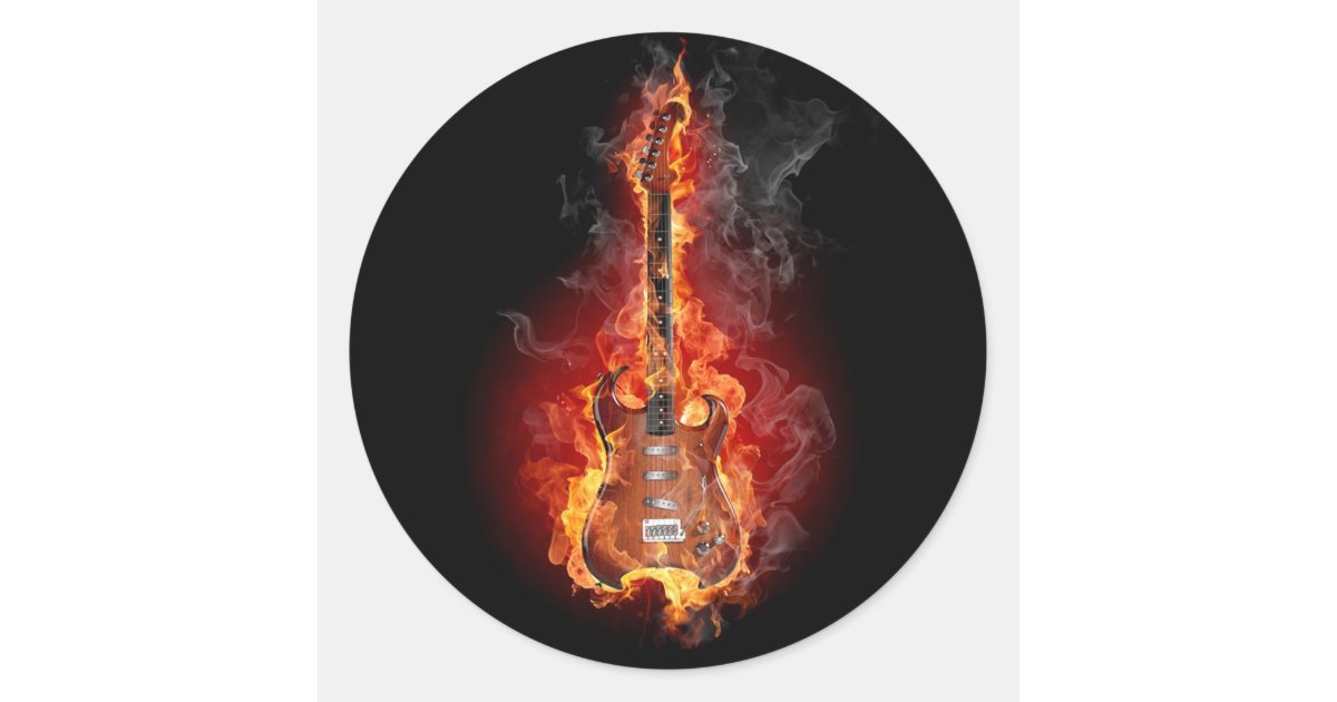 Flaming rock guitar classic round sticker | Zazzle