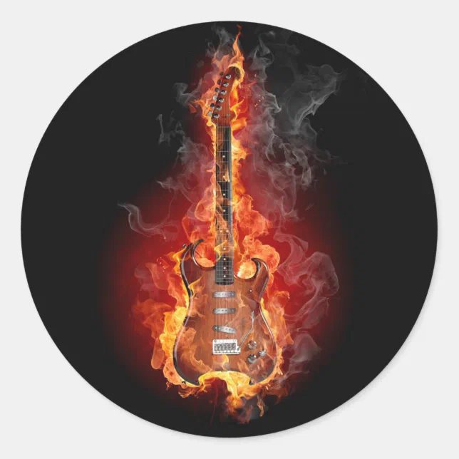 Flaming rock guitar classic round sticker | Zazzle