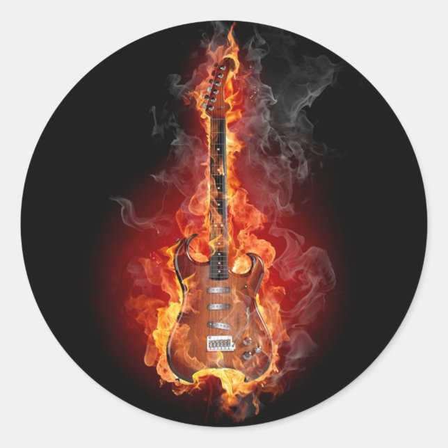 Flaming rock guitar classic round sticker (Front)