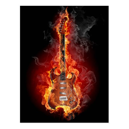 Flaming rock guitar postcard | Zazzle