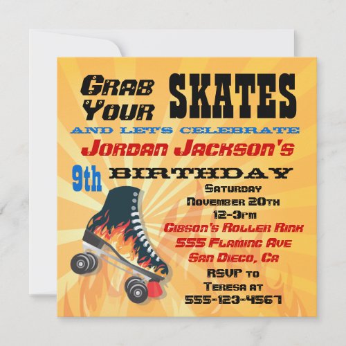Flaming Roller Skating Birthday Party Invitation