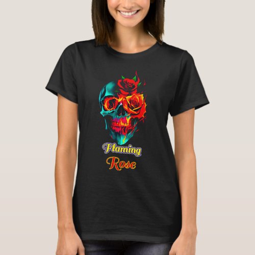 flaming rose skull black T_Shirt