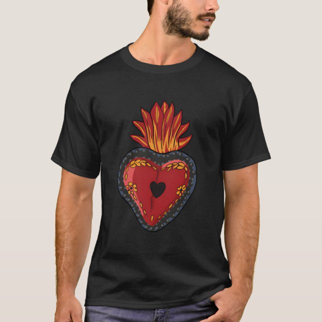 Flaming Sacred He Mexican Folk Devotion Symbol T-Shirt (Front)