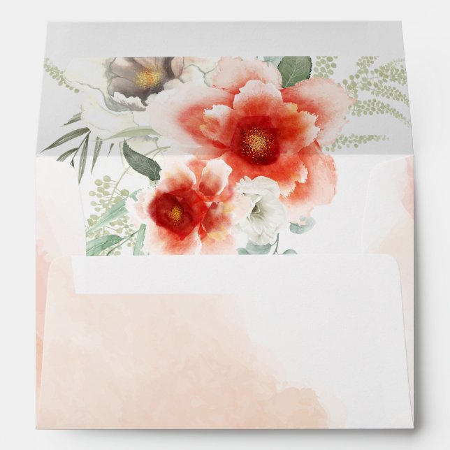 Flaming Scarlett Coral Watercolor Flowers Envelope (Back (Bottom))