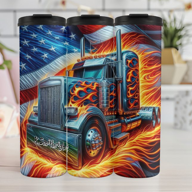 Flaming Semi-Truck with American Flag Thermal Tumbler (Creator Uploaded)
