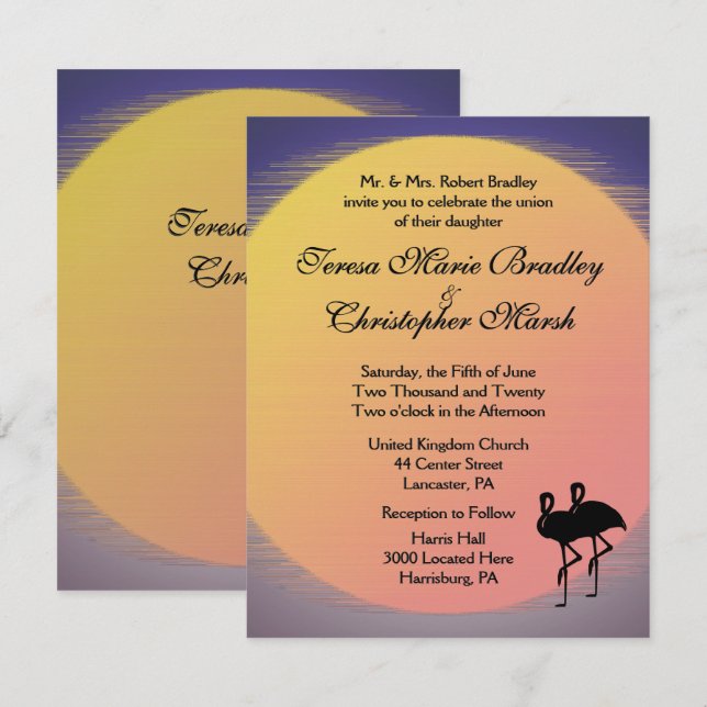 Flaming Setting Sun Evening Wedding Invitation (Front/Back)