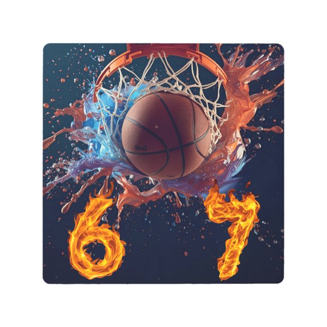 Flaming Six Seven Basketball Scoring Thru Hoop Metal Print (Front)