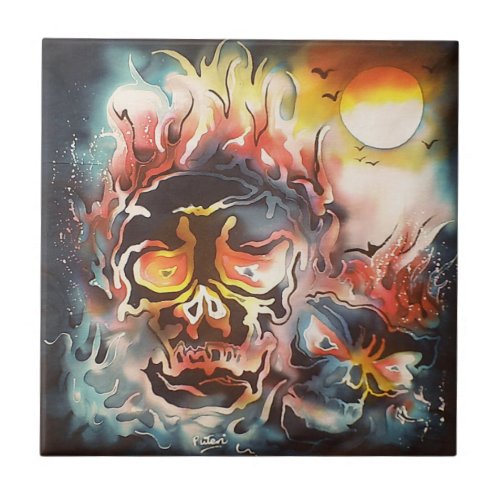 flaming skull abstract art tile