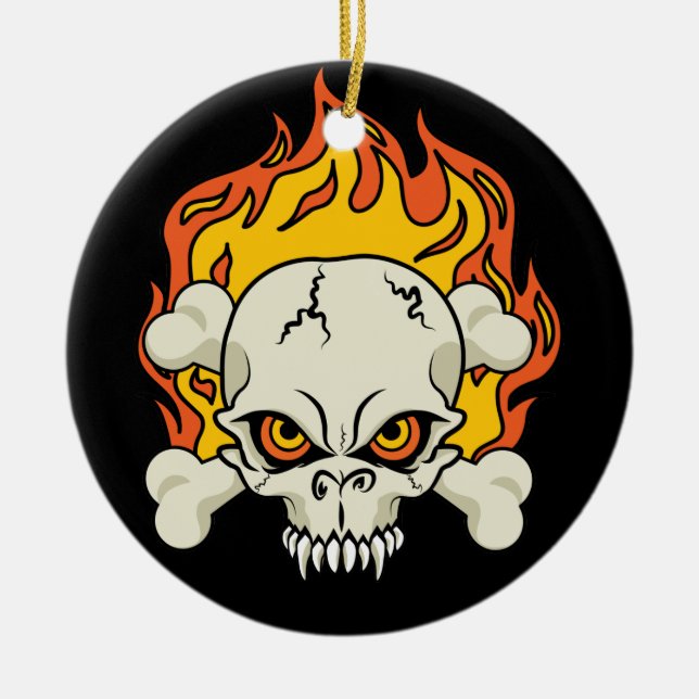 Flaming Skull and Crossbones Ceramic Ornament (Front)
