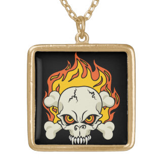Flaming Skull and Crossbones Gold Plated Necklace