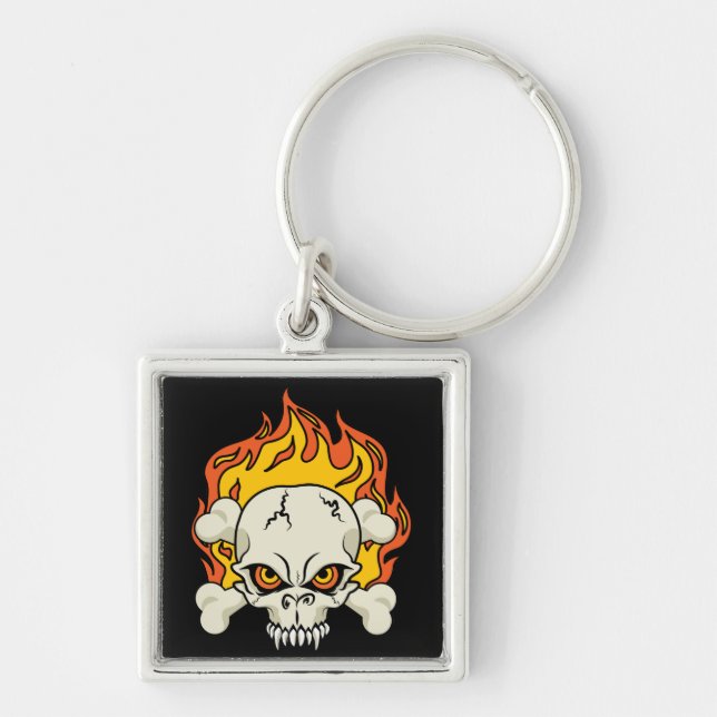 Flaming Skull and Crossbones Keychain (Front)