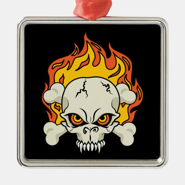 Flaming Skull and Crossbones Metal Ornament (Front)