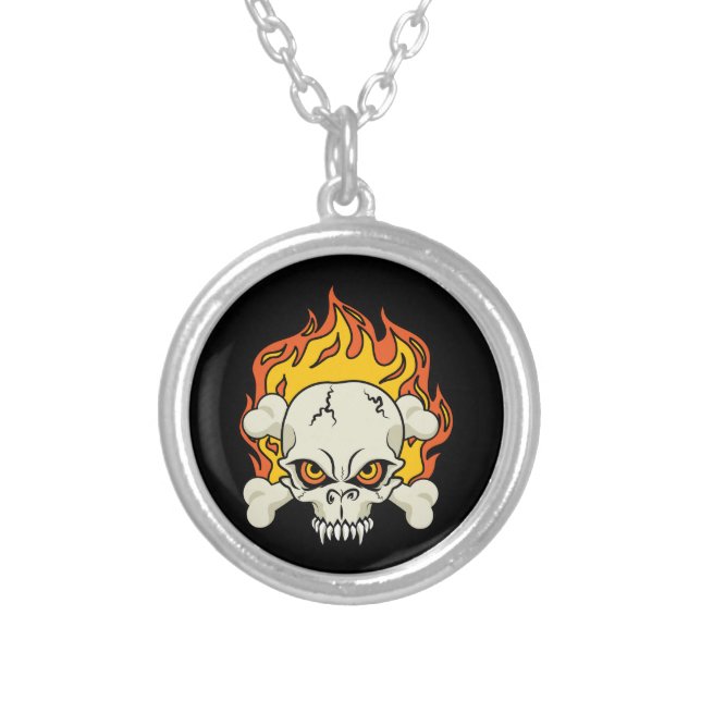 Flaming Skull and Crossbones Silver Plated Necklace (Front)