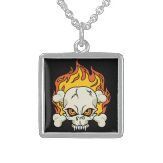 Flaming Skull and Crossbones Sterling Silver Necklace