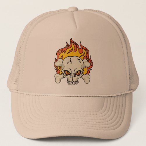Flaming Skull and Crossbones Trucker Hat