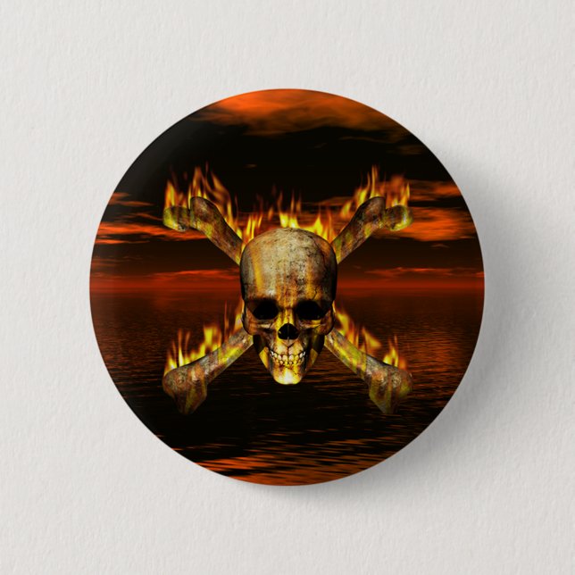 Flaming Skull and Crossbones w/Red Sky Background Button (Front)