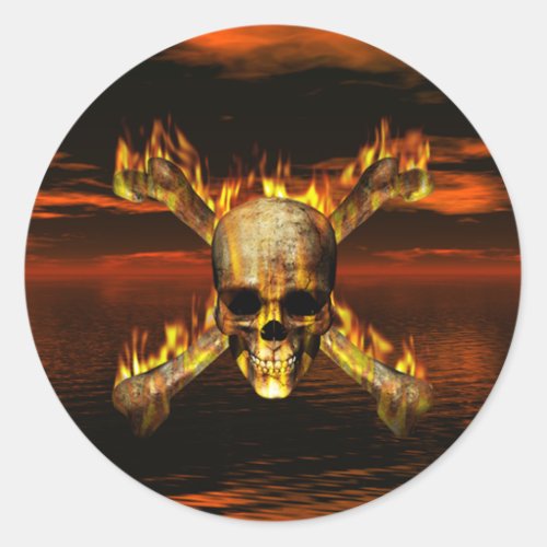 Flaming Skull and Crossbones wRed Sky Background Classic Round Sticker