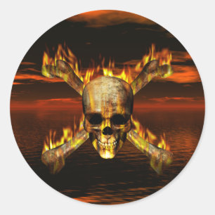 Flaming Skull and Crossbones w/Red Sky Background Classic Round Sticker