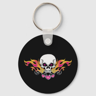 Flaming Skull and Hearts Keychain