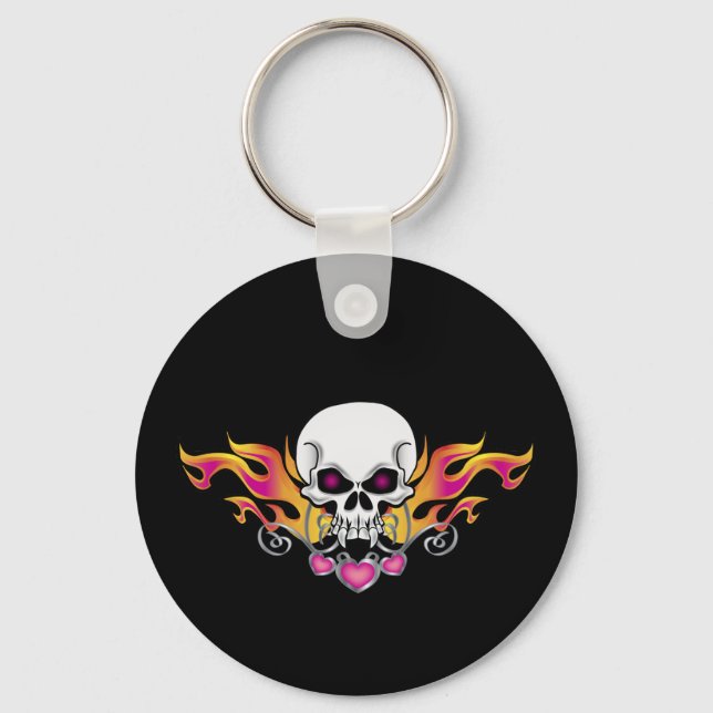 Flaming Skull and Hearts Keychain (Front)