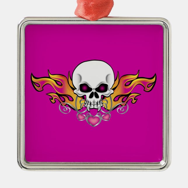 Flaming Skull and Hearts Metal Ornament (Front)