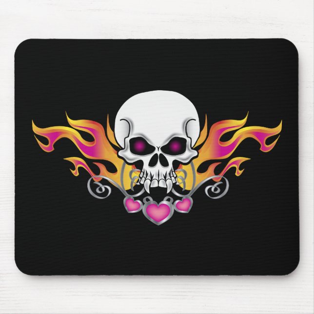 Flaming Skull and Hearts Mouse Pad (Front)