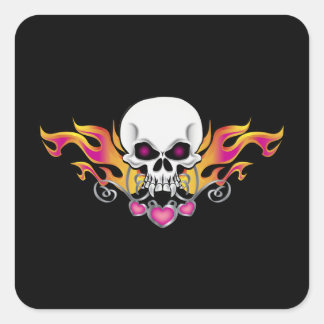 Flaming Skull and Hearts Square Sticker
