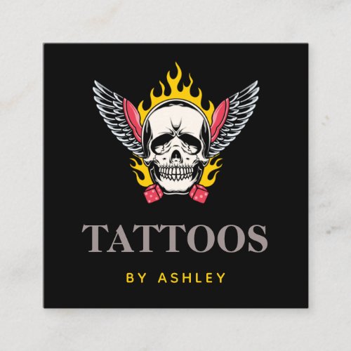 Flaming Skull Dice Wings Gothic Cool Tattoo Artist Square Business Card