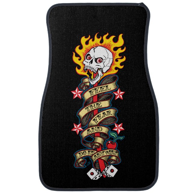 Flaming Skull Feel the Fear Car Floor Mat (Front)