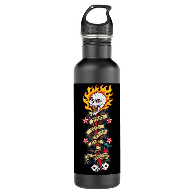 Flaming Skull Feel the Fear Stainless Steel Water Bottle (Front)
