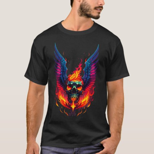 flaming skull flaming wings black T_Shirt