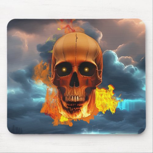 Flaming Skull Floating in Dark Stormy Clouds Mouse Pad