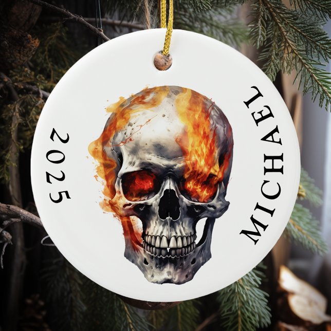 Flaming Skull Monogram Name Ceramic Ornament (Creator Uploaded)