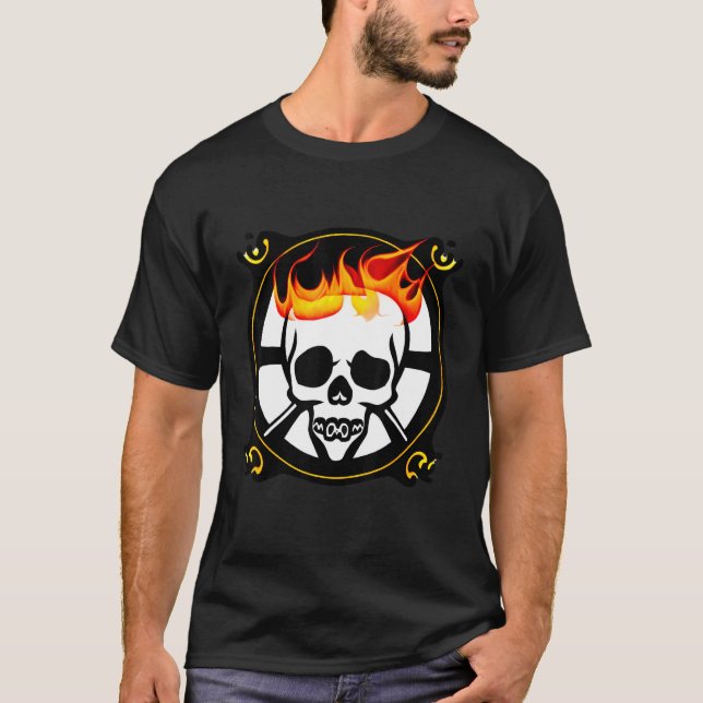 Flaming Skull Pirate Emblem Circular Black  White  T-Shirt (Front)