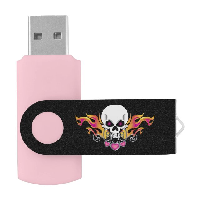 Flaming Skull with Hearts USB Flash Drive (Opened)