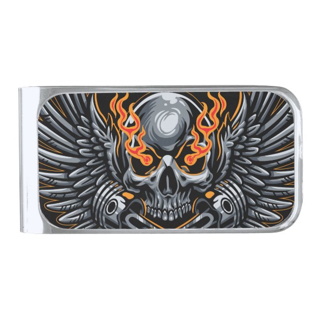 Flaming Skull with Wings  Silver Finish Money Clip (Front)