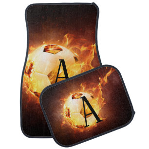 Flaming Soccer Ball Monogram Football Car Mat