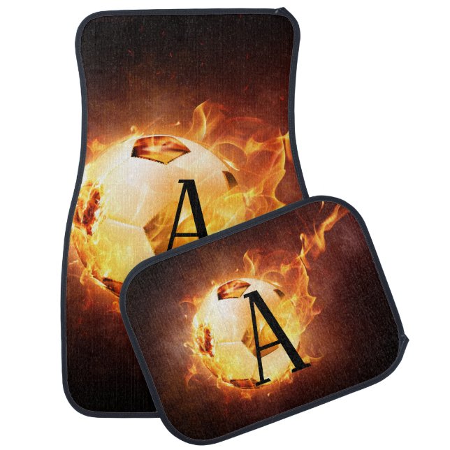Flaming Soccer Ball Monogram Football Car Mat (Set)