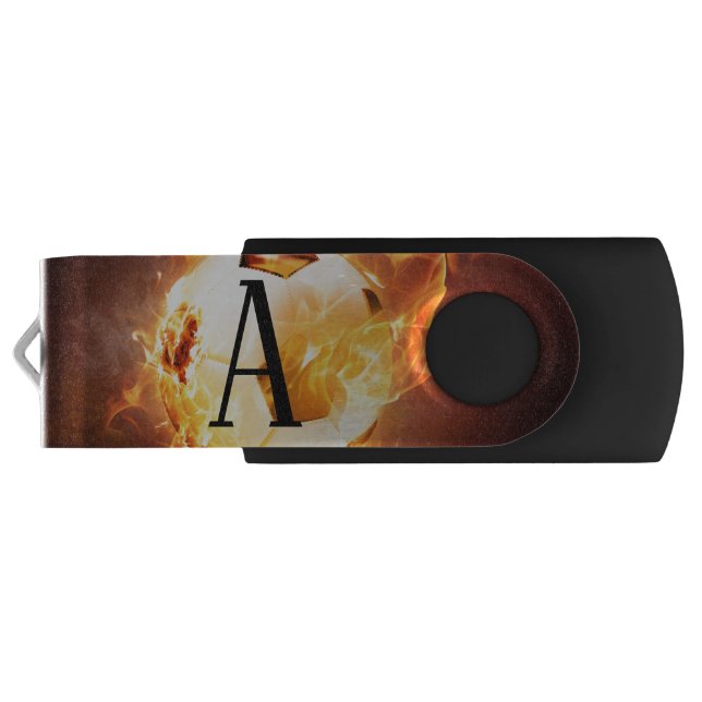Flaming Soccer Ball Monogram Football USB Flash Drive (Back)
