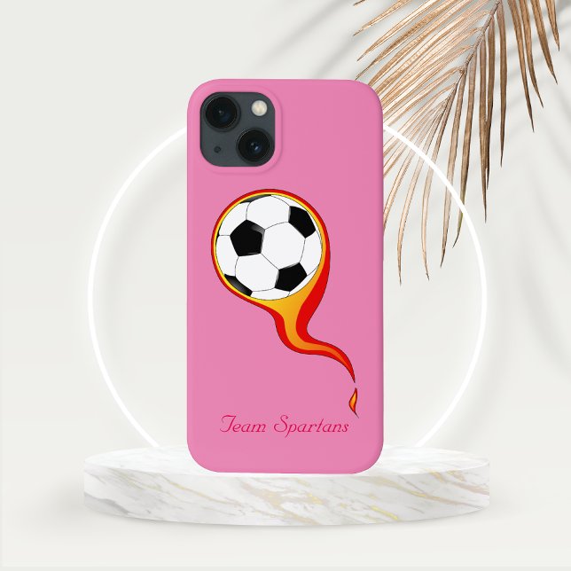 Flaming Soccer Ball on Rose Pink Personalized  Case-Mate iPhone Case (Flaming Football or Soccer Ball with Personalization Line Phone Case)